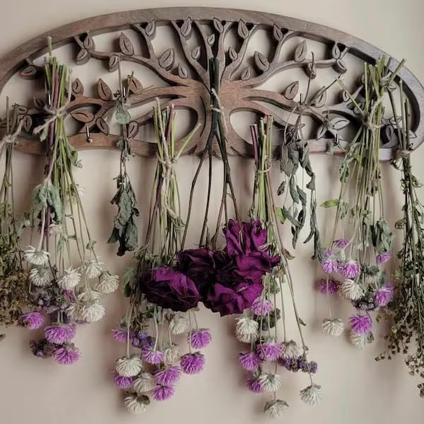 Tnstbiee Rustic Herb Drying Rack Hanging - Artistic Life Tree Design for Kitchen Witches & Gardeners - Holds 11 Bouquets - Saving Space Herb & Flower Dryer - Gift for Crafters - Wall Art D?cor - Image 5